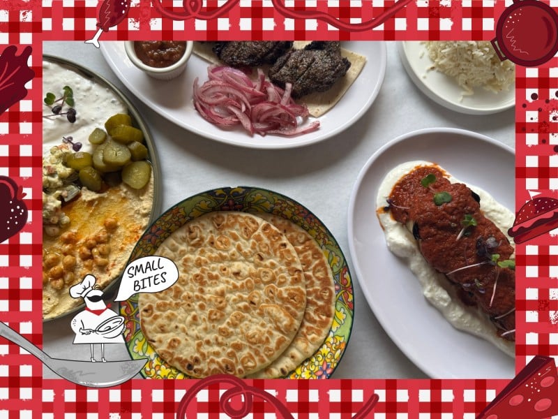 Photo of several ovular and circular plates of Halal restaurant cuisine on a white table. The food includes lamb chops, bread, an appetizer spread, and mantu (meat-stuffed dumplings). Bordering this photo is a red and white checkered tablecloth illustration. In the lower left corner of this illustrated frame is a small chef with an oversized mustache standing on a spoon. The chef's speech bubble reads "Small Bites."